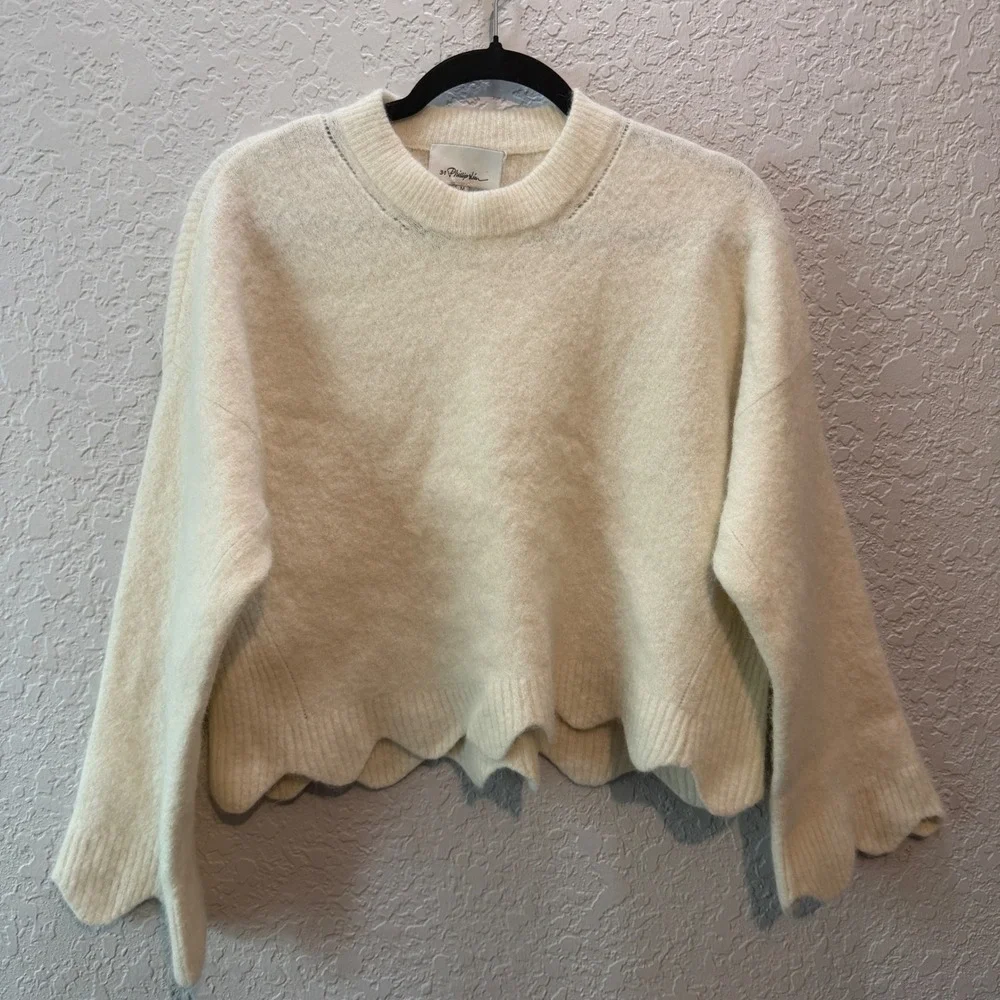 3.1 Phillip Lim Scalloped Hem Alpaca Wool Sweater Size M Cream Minimalist - Picture 1 of 6